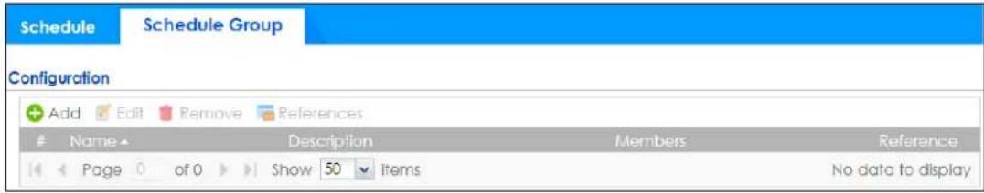 Schedule Schedule Group Configuration Add Edit Remove References Name Description Members Reference Page 0 of 0 Show 50 Items No data to display