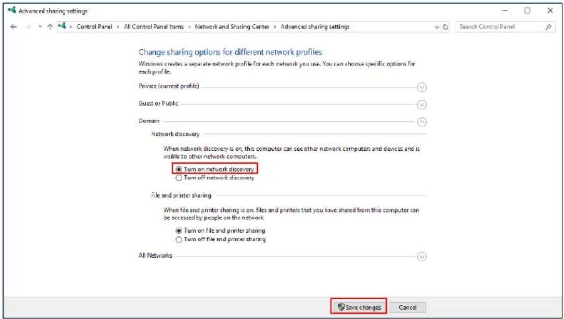 Advanced sharing settings Control Panel > All Control Panel Items > Network and Sharing Center > Advanced sharing settings Search Control Panel Change sharing options for different network profiles Windows creates a separate network profile for each network you use. You can choose specific options for each profile. Private (current profile) ✓ Guest or Public ✓ Domain ✓ Network discovery When network discovery is on, this computer can see other network computers and devices and is visible to other network computers. ● Turn on network discovery ○ Turn off network discovery File and printer sharing When file and printer sharing is on, files and printers that you have shared from this computer can be accessed by people on the network. ● Turn on file and printer sharing ○ Turn off file and printer sharing All Networks ✓ Save changes Cancel