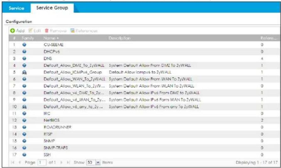 Service Service Group Configuration Add Edit Remove References Family Name Description Refere... 1 CU-SEEME 0 2 DHCPv6 0 3 DNS 4 4 Default_Allow_DMZ_To_ZyWALL System Default Allow From DMZ To ZyWALL 1 5 Default_Allow_ICMPv6_Group Default Allow icmpvs to ZyWALL 1 6 Default_Allow_WAN_To_ZyWALL System Default Allow From WAN To ZyWALL 1 7 Default_Allow_WLAN_To_ZyW... System Default Allow From WLAN To ZyWALL 0 8 Default_Allow_v6_DMZ_To_Zy... System Default Allow IPv6 From DMZ to ZyWALL 1 9 Default_Allow_v6_WAN_To_Zy... System Default Allow IPv6 Form WAN To ZyWALL 1 10 Default_Allow_v6_any_to_Zy... System Default Allow IPv6 From any To ZyWALL 1 11 IRC 0 12 NetBIOS 2 13 ROADRUNNER 0 14 RTSP 0 15 SNMP 0 16 SNMP-TRAPS 0 17 SSH 0 Page 1 of 1 Show 50 Items Displaying 1 - 17 of 17
