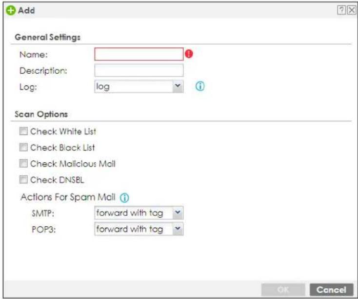 Add General Settings Name: Description: Log: log Scan Options Check White List Check Black List Check Malicious Mail Check DNSBL Actions For Spam Mail SMTP: forward with tag POP3: forward with tag OK Cancel