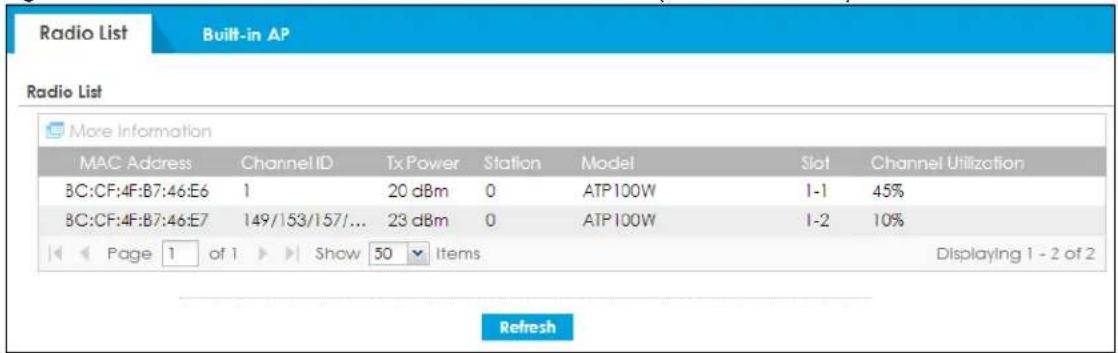 Radio List Built-in AP Radio List More Information MAC Address Channel ID Tx Power Station Model Slot Channel Utilization BC:CF:4F:B7:46:E6 1 20 dBm 0 ATP100W 1-1 45% BC:CF:4F:B7:46:E7 149/153/157/... 23 dBm 0 ATP100W 1-2 10% Page 1 of 1 Show 50 Items Displaying 1 - 2 of 2 Refresh