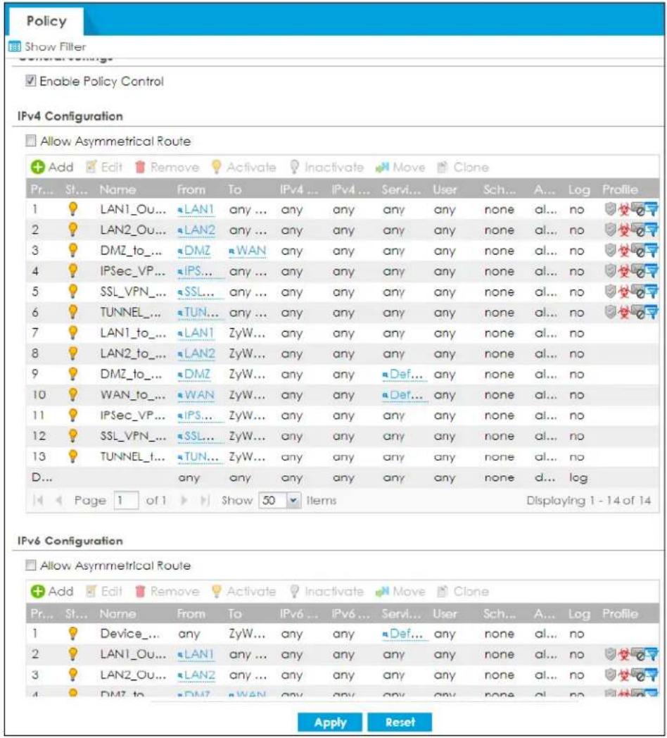 Policy Show Filter General Settings Enable Policy Control IPv4 Configuration Allow Asymmetrical Route Add Edit Remove Activate Inactivate Move Clone Pr... St... Name From To IPv4 ... IPv4 ... Servi... User Sch... A... Log Profile 1 LAN1_Ou... LAN1 any ... any any any any any none al... no 受▼ 2 LAN2_Ou... LAN2 any ... any any any any any none al... no 受▼ 3 DMZ_to... DMZ WAN any any any any any none al... no 受▼ 4 IPSec_VP... IPS... any ... any any any any none al... no 受▼ 5 SSL_VPN... SSL... any ... any any any any none al... no 受▼ 6 TUNNEL... TUN... any ... any any any any none al... no 受▼ 7 LAN1_to... LAN1 ZyW... any any any any any none al... no 8 LAN2_to... LAN2 ZyW... any any any any none al... no 9 DMZ_to... DMZ ZyW... any any ▲Def...any none al... no 10 WAN_to... WAN ZyW... any any ▲Def...any none al... no 11 IPSec_VP... IPS... ZyW... any any any any none al... no 12 SSL_VPN... SSL... ZyW... any any any any none al... no 13 TUNNEL_t... TUN... ZyW... any any any any none al... no D... any any any any any any none d... log Page 1 of 1 Show 50 Items Displaying 1 - 14 of 14 IPv6 Configuration Allow Asymmetrical Route Add Edit Remove Activate Inactivate Move Clone Pr... St... Name From To IPv6 ... IPv6 ... Servi... User Sch... A... Log Profile 1 Device... any ZyW... any any ▲Def...any none al... no 2 LAN1_Ou... LAN1 any ... any any any any none al... no 受▼ 3 LAN2_Ou... LAN2 any ... any any any any none al... no 受▼ 4 DMZ_to ... DMZ WAN any any any any none al... no Apply Reset