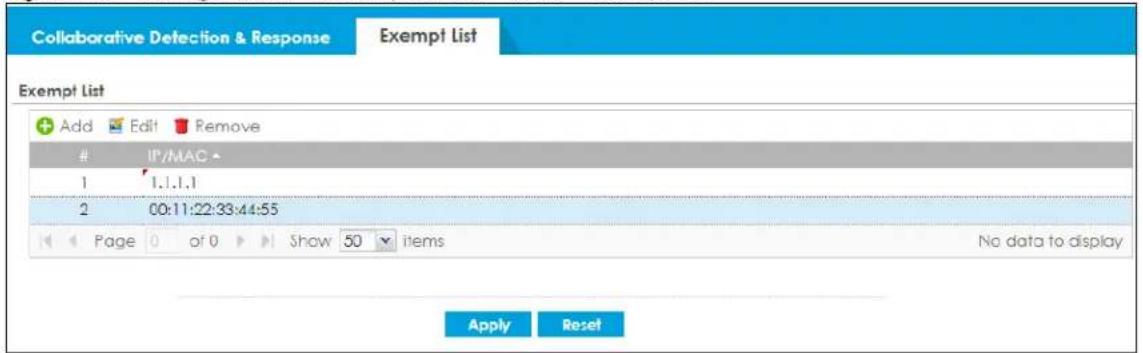 Collaborative Detection & Response Exempt List Exempt List Add Edit Remove IP/MAC 1 1..1..1 2 00:11:22:33:44:55 Page 0 of 0 Show 50 items No data to display Apply Reset