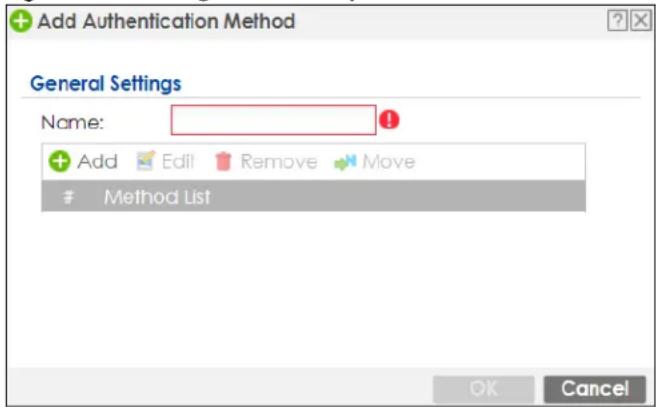 Add Authentication Method General Settings Name: Add Edit Remove Move Method List OK Cancel