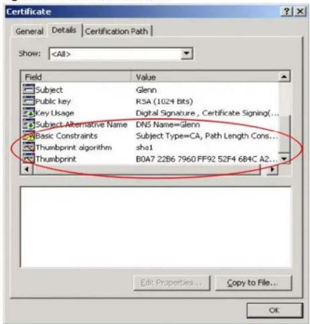 Certificate General Details Certification Path Show: Field Value Subject Glenn Public key R5A (1024 Bits) Key Usage Digital Signature , Certificate Signing(... Subject Alternative Name DN5 Name=Glenn Basic Constraints Subject Type=CA, Path Length Cons... Thumbprint algorithm sha1 Thumbprint B0A7 22B6 7960 FF92 52F4 6B4C A2... Edit Properties... Copy to File... OK