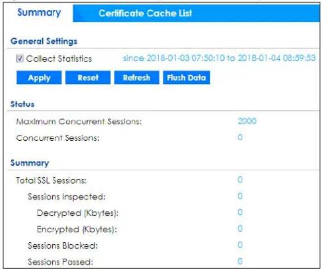 Summary Certificate Cache List General Settings ✓ Collect Statistics since 2018-01-03 07:50:10 to 2018-01-04 08:59:53 Apply Reset Refresh Flush Data Status Maximum Concurrent Sessions: 2000 Concurrent Sessions: 0 Summary Total SSL Sessions: 0 Sessions Inspected: 0 Decrypted (Kbytes): 0 Encrypted (Kbytes): 0 Sessions Blocked: 0 Sessions Passed: 0