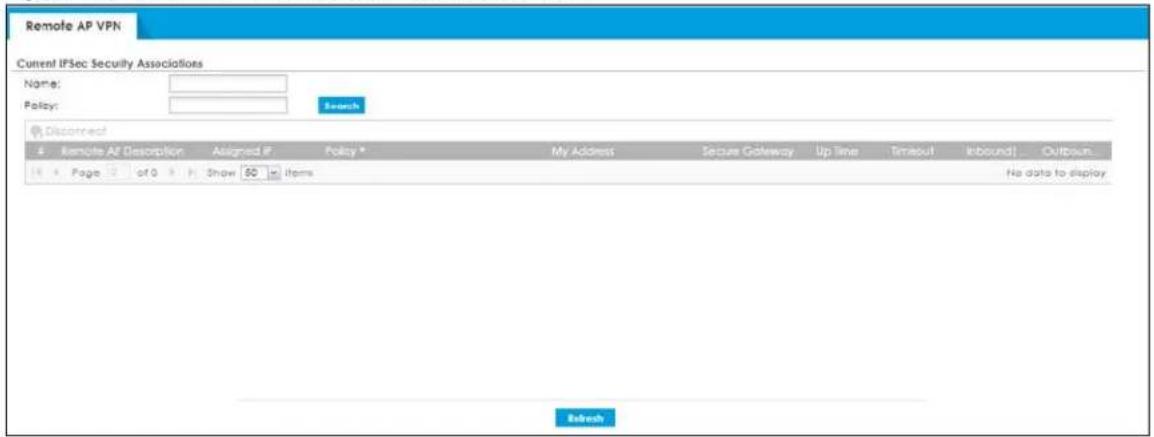 Remote AP VPN Current IFSec Security Associations Name: Policy: Search Discounted Remote AF Desorption Assigned IP Policy * My Address Secure Gateway Up Time Timeout Inbound Outbound... Page of 0 Show 50 Items No data to display Refresh