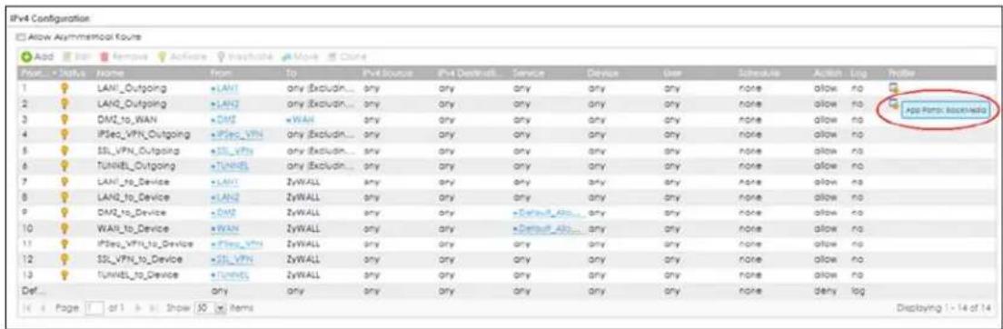 IPv4 Configuration Allow Aymmetrical Kours Add Remove Activate Institute Move Close Prior... Status: Home From To iPod Source IPv Destinations Service Device User Schedule Action Log Profile 1 LAN1_Outgoing LAN1 any Excludin... any any any any any any none allow no 2 LAN2_Outgoing LAN2 any Excludin... any any any any any any none allow no 3 DMZ_to_WAN DMZ =WAN any any any any any none allow no 4 IPSec_VPN_Outgoing IPSec_VPN any Excludin... any any any any any none allow no 5 SSL_VPN_Outgoing SSL_VPN any Excludin... any any any any any none allow no 6 TUNNEL_Outgoing TUNNEL any Excludin... any any any any any none allow no 7 LAN1_to_Device LAN1 ZyWALL any any any any none allow no 8 LAN2_to_Device LAN2 ZyWALL any any any none allow no 9 DMZ_to_Device DMZ ZyWALL any any +Default_Abs...any none allow no 10 WAN_to_Device WAN ZyWALL any any +Default_Abs...any none allow no 11 IPSec_VPN_to_Device IPSec_VPN ZyWALL any any any any none allow no 12 SSL_VPN_to_Device SSL_VPN ZyWALL any any any any none allow no 13 TUNNEL_to_Device TUNNEL ZyWALL any any any none allow no Def... Page 1 or 2 in Show 50 items Displaying 1 - 14 of 14