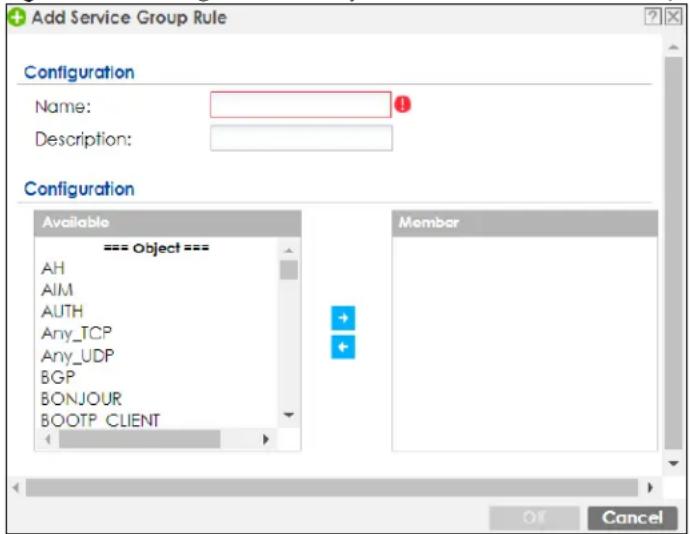 Add Service Group Rule Configuration Name: Description: Configuration Available === Object === AH AIM AUTH Any_TCP Any_UDP BGP BONJOUR BOOTP CLIENT Member Off Cancel