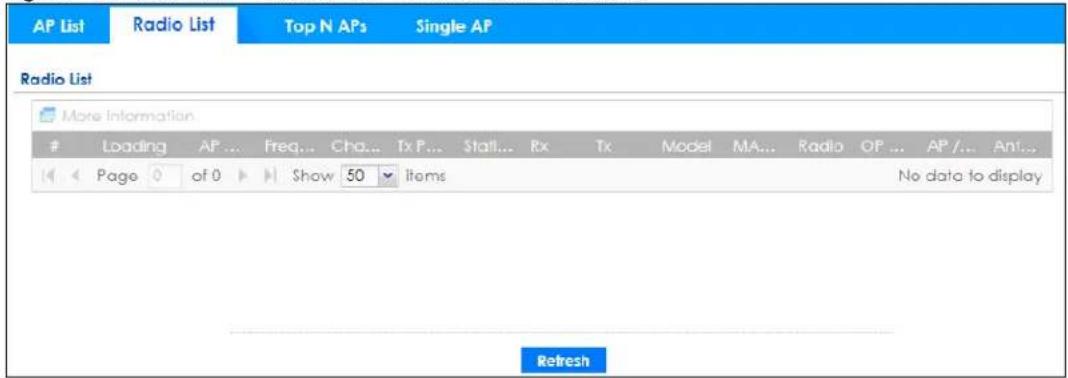 AP List Radio List Top N APs Single AP Radio List More Information Loading AP ... Freq... Cha... Tx P... Stall... Rx Tx Model MA... Radio OP ... AP /... An1... Page 0 of 0 Show 50 Items No data to display Refresh
