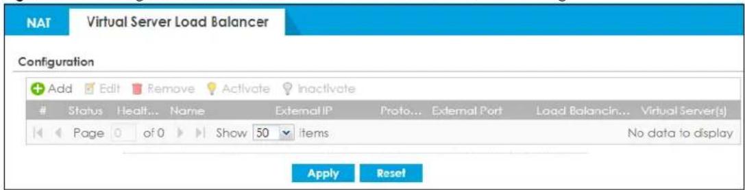 NAT Virtual Server Load Balancer Configuration Add Edit Remove Activate Inactivate Status Health Name External IP Proto... External Port Load Balancin... Virtual Server(s) Page 0 of 0 Show 50 items No data to display Apply Reset