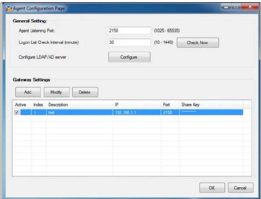 Agent Configuration Page General Setting: Agent Listening Port: 2158 (1025 - 65535) Logon List Check Interval (minute): 30 (10 - 1440) Check Now Configure LDAP/AD server Configure Gateway Settings Add Modify Delete Active Index Description IP Fort Share Key ✓ 1 test 192.168.1.1 2158 ******** OK Cancel