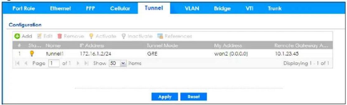 Port Role Ethernet PPP Cellular Tunnel VLAN Bridge Vik Trunk Configuration Add Edit Remove Activate Inactivate References Sta... Name IP Address Tunnel Mode My Address Remote Gateway A... 1 tunnel1 172.16.1.2/24 GRE wan2 (0.0.0.0) 10.1.23.45 Page 1 of 1 Show 50 items Displaying 1 - 1 of 1 Apply Reset