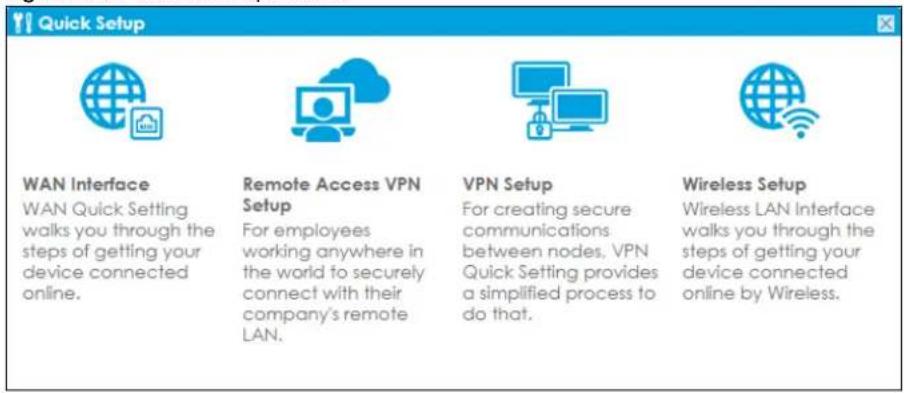 Quick Setup WAN Interface WAN Quick Setting walks you through the steps of getting your device connected online. Remote Access VPN Setup For employees working anywhere in the world to securely connect with their company's remote LAN. VPN Setup For creating secure communications between nodes, VPN Quick Setting provides a simplified process to do that. Wireless Setup Wireless LAN Interface walks you through the steps of getting your device connected online by Wireless.