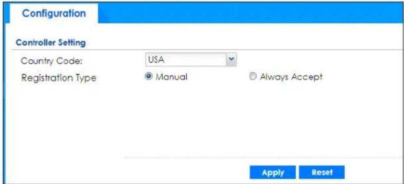 Configuration Controller Setting Country Code: USA Registration Type Manual Always Accept Apply Reset
