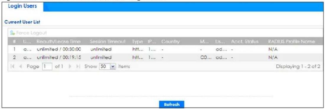 Login Users Current User List Force Logout U... Reauth/Lease Time Session Timeout Type IP... County M... Us... Acct. Status PADIUS Profile Name 1 a... unlimited / 00:30:00 unlimited htt... 1... - - ad... - N/A 2 a... unlimited / 00:19:15 unlimited htt... 1... - C0... ad... - N/A Page 1 of 1 Show 50 Items Displaying 1 - 2 of 2 Refresh