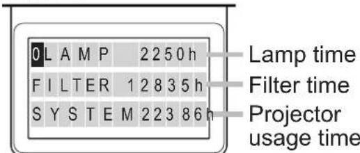 0 L A M P 2 2 5 0 h F I L T E R 1 2 8 3 5 h S Y S T E M 2 2 3 8 6 h Lamp time Filter time Projector usage time