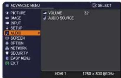 ADVANCED MENU PICTURE IMAGE INPUT SETUP AUDIO SCREEN OPTION NETWORK SECURITY EASY MENU EXIT VOLUME 32 AUDIO SOURCE HDMI 1 1280 x 800 @60Hz