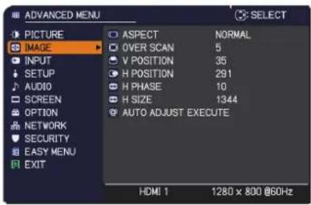 ADVANCED MENU PICTURE IMAGE INPUT SETUP AUDIO SCREEN OPTION NETWORK SECURITY EASY MENU EXIT ASPECT NORMAL OVER SCAN 5 V POSITION 35 H POSITION 291 H PHASE 10 H SIZE 1344 AUTO ADJUST EXECUTE HDMI 1 1280 x 800 @60Hz