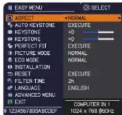 EASY MENU ASPECT AUTO KEYSTONE KEYSTONE PERFECT FIT PICTURE MODE ECO MODE INSTALLATION RESET FILTER TIME LANGUAGE ADVANCED MENU EXIT 1234567890ABCEDEF SELECT NORMAL EXECUTE +0 +0 EXECUTE NORMAL EXECUTE 2h ENGLISH COMPUTER IN 1 1024 x 768.80Hz