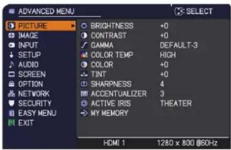ADVANCED MENU PICTURE IMAGE INPUT SETUP AUDIO SCREEN OPTION NETWORK SECURITY EASY MENU EXIT BRIGHTNESS +0 CONTRAST +0 GAMMA DEFAULT-3 COLOR TEMP HIGH COLOR +0 TINT +0 SHARPNESS 4 ACCENTUALIZER 3 ACTIVE IRIS THEATER MY MEMORY HDMI 1 1280 x 800 @60Hz