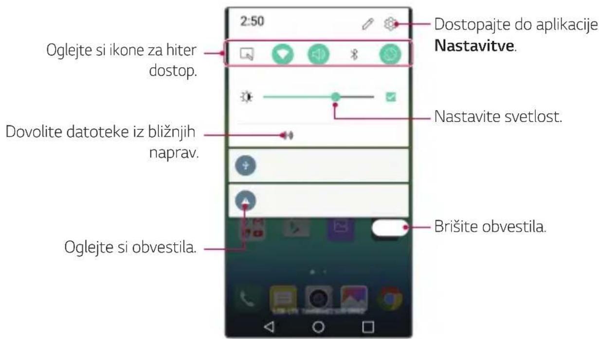 2:50. Oglejte si ikone za hiter dostop. Dovolite datoteke iz bližnjih naprav. Oglejte si obvestila. Dostopajte do aplikacije Nastavitve. Nastavite svetlost. Brišite obvestila.
