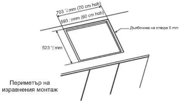 703 mm (70 cm hob) 593 mm (60 cm hob) 523 mm Дълбочина на отвора 5 mm Периметър на изравнения монтаж