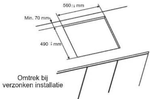 560 mm Min. 70 mm 490 mm Omtrek bij verzonken installatie