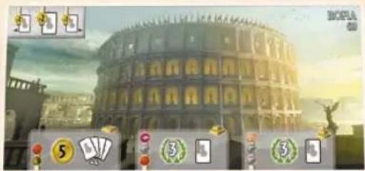 Game screenshot showing a large classical Colosseum with player interface icons and score displays