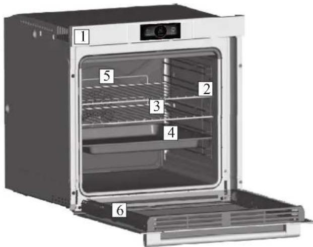 Diagram of a multi-level oven with numbered parts labeled 1 through 6