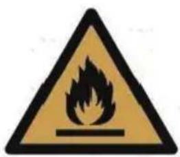 Warning sign depicting a flame symbol with hazard zone, commonly used in safety or hazard prevention.