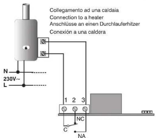 Collegamento ad una caldaia Connection to a heater Anschlüsse an einen Durchlauferhitzer Conexión a una caldera N 230V~ L 1 2 3 NC C NA