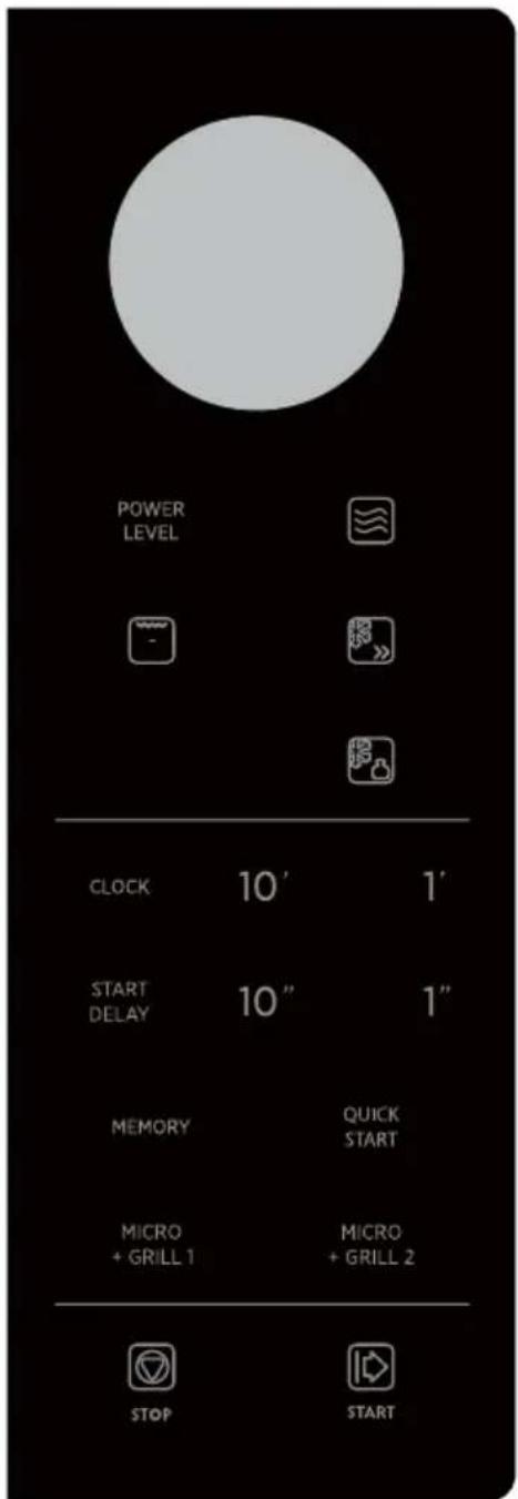 POWER LEVEL CLOCK 10' 1' START DELAY 10" 1" MEMORY QUICK START MICRO MICRO + GRILL 1 + GRILL 2 STOP START