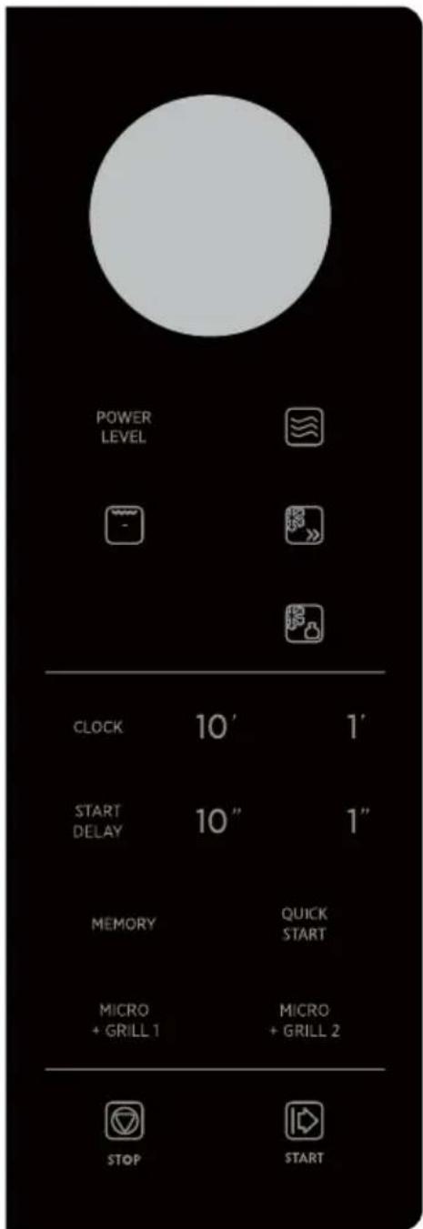 POWER LEVEL CLOCK 10' 1' START DELAY 10" 1" MEMORY QUICK START MICRO MICRO + GRILL 1 + GRILL 2 STOP START