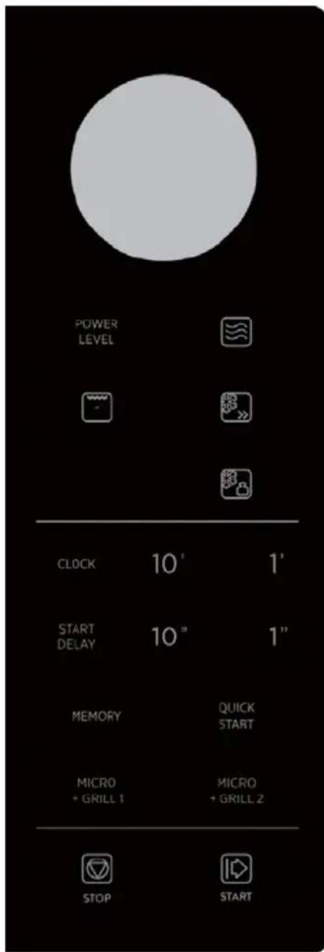 POWER LEVEL CLOCK 10' 1' START DELAY 10" 1" MEMORY QUICK START MICRO MICRO + GRILL 1 + GRILL 2 STOP START