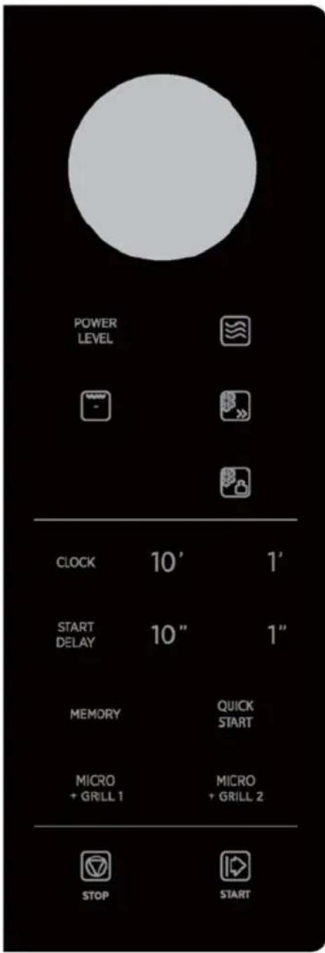 POWER LEVEL CLOCK 10' 1' START DELAY 10" 1" MEMORY QUICK START MICRO MICRO + GRILL 1 + GRILL 2 STOP START