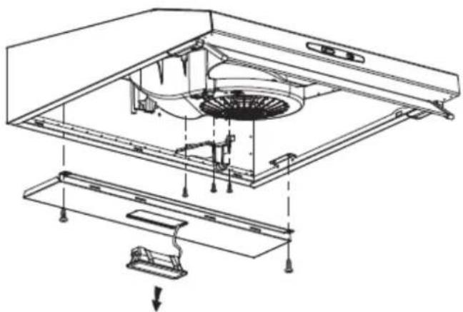 Technical line drawing of a kitchen appliance with internal components and mounting base (no text or symbols)