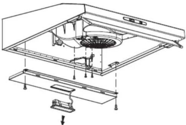 Technical line drawing of an air duct system with fan and support components (no text or labels)
