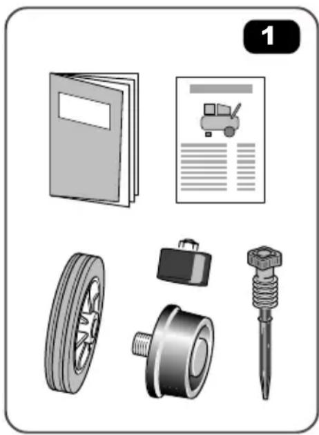 Illustration of mechanical parts including a notebook, clipboard, tire, screwdriver, and gear assembly (no text or symbols)