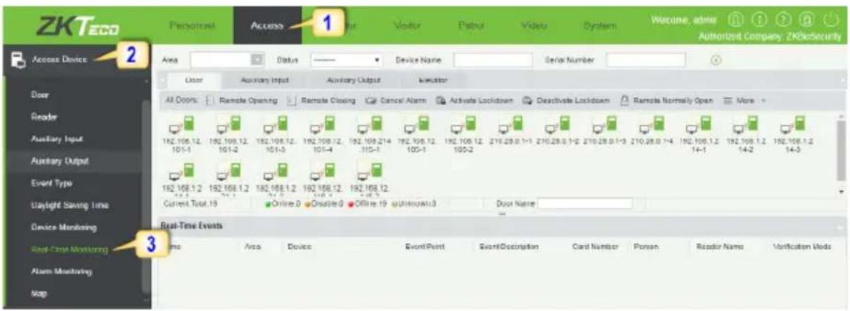 ZKTeco ProBio-ID - Click Access 2. Click Access Device 3. Click Real-Time Monitoring - 1