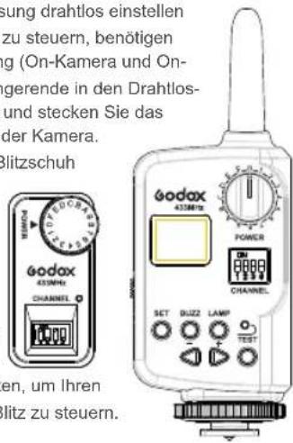 ung drahtlos einstellen zu steuern, benötigen g (On-Kamera und On- gerende in den Drahtlos- und stecken Sie das der Kamera. litzschuh SODAX 433MHz CHANNEL SOT DUZZ LAMP TEST SODAX 433MHz POWER ON CHANNEL SET DUZZ LAMP TEST
