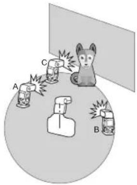 Diagram showing a fox and three spray bottles labeled A, B, C around a circular object, with a light source on the left.
