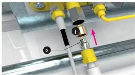 Technical diagram showing mechanical components with labeled parts and directional arrow