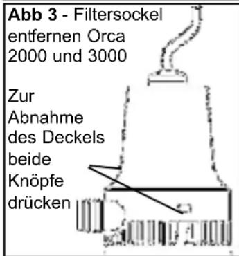 Abb 3 - Filtersockel entfernen Orca 2000 und 3000 Zur Abnahme des Deckels beide Knöpfe drücken