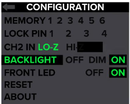 CONFIGURATION MEMORY 1 2 3 4 5 6 LOCK PIN 1 2 3 4 CH2 IN LO-Z HI-Z BACKLIGHT OFF DIM ON FRONT LED OFF ON RESET ABOUT