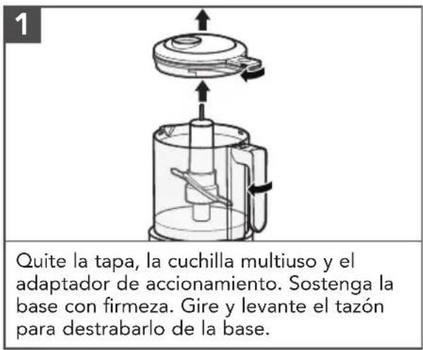 1 Quite la tapa, la cuchilla multiuso y el adaptador de accionamiento. Sostenga la base con firmeza. Gire y levante el tazón para destrabarlo de la base.