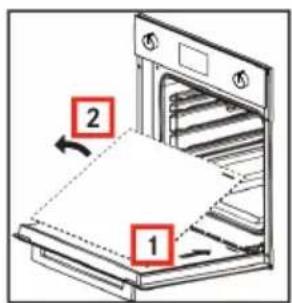 Diagram of an oven with labeled parts showing a paper being placed on the tray, marked with numbered annotations.