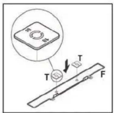 Technical diagram showing a component with a circular inset view and labeled parts T, F, and a magnified view of a mechanical or electrical assembly.