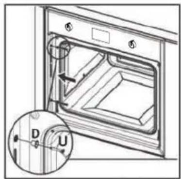 Technical diagram of a door with labeled components and an inset showing a wooden door with dimensions D and U.