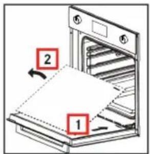 Diagram of an oven with labeled parts and directional arrows indicating movement or assembly